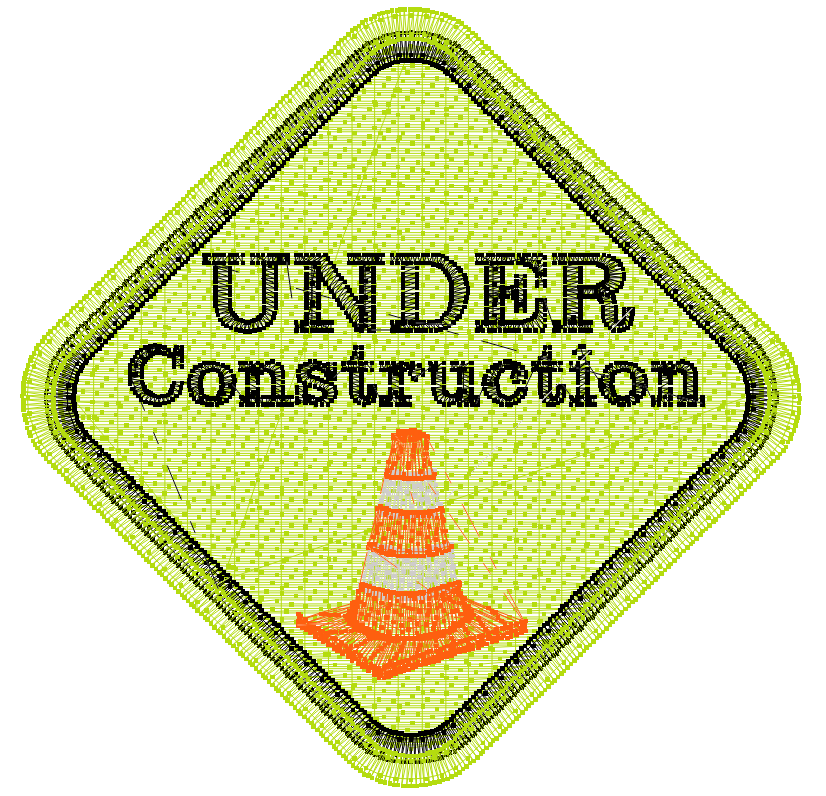 Neon green construction sign patch design in stitch view with the text under construction and a neon orange and white traffic cone on the patch. 